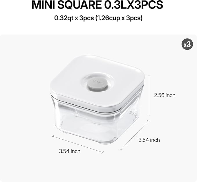 VAKUEN Premium Airtight Food Storage Containers, Mini Square 3pc/set(0.32qt), Smart One-Click Seal Lid, No Hinges, 100% Leak Proof, BPA-FREE, Dishwasher, Freezer & Microwave Safe