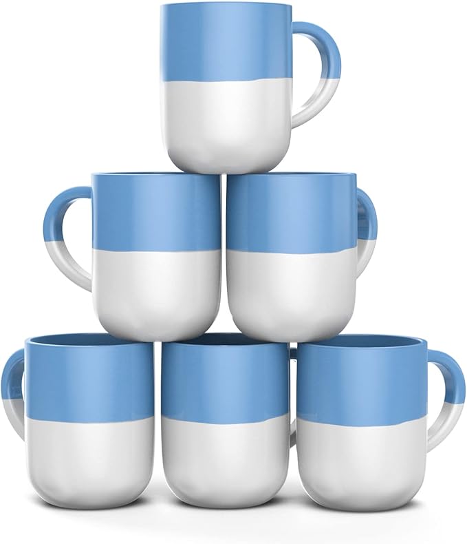 Set of 6 Large 16 Ounce Ceramic Coffee Mugs (White and Blue)
