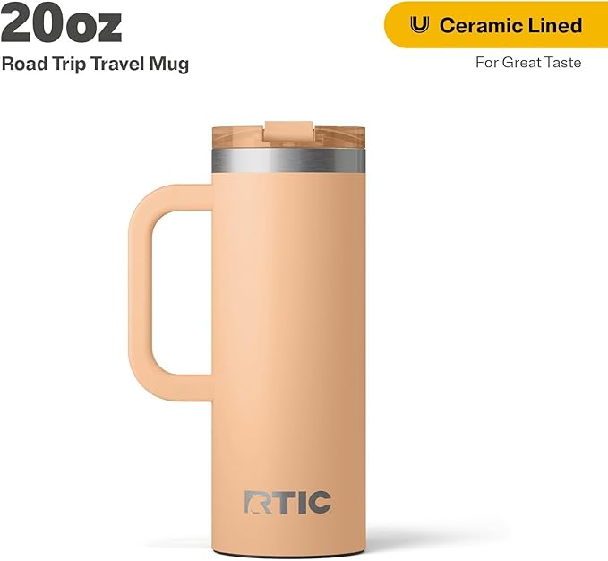 RTIC 20oz Road Trip Travel Mug with Lid and Handle, Ceramic Lined, Insulated, Stainless Steel, Metal, Double Wall Vacuum-Insulation, Portable Coffee, Tea Cup for Hot and Cold Drink, Peach Tea