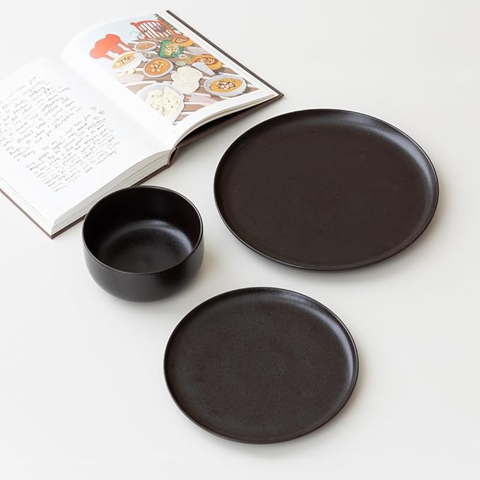 Stoneware Plates and Bowls Set - 12pcs Reactive Glazed Dinnerware Service for 4, Scratch & Chip Resistant(Ink Spot Brown)