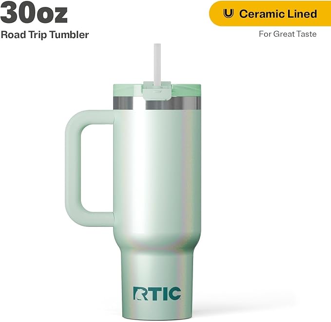 RTIC 30 oz Road Trip Tumbler Double-Walled Ceramic Lined InsulatedStainless Steel Portable Travel Coffee Mug Cup with Lid, Handle and Straw, Fresh Mint Glitter