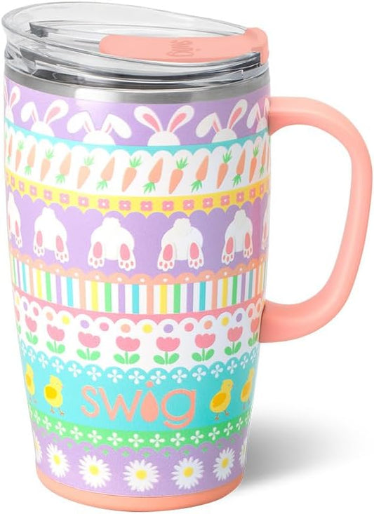 Swig Life 18oz Travel Mug, Insulated Tumbler with Handle and Lid, Cup Holder Friendly, Dishwasher Safe, Travel Coffee Cup, Easter Basket Stuffers, Easter Gifts for Women (Bunny Trail)