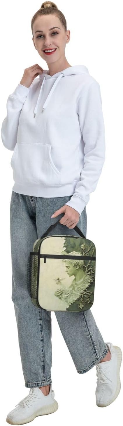 Artistic Men Sage Green Background Insulated Lunch Box for Women and Nature Lovers Oil Painting Style Branch and Leaf Lunch Bag for Travel,or Fishing Polyester Lunch Box