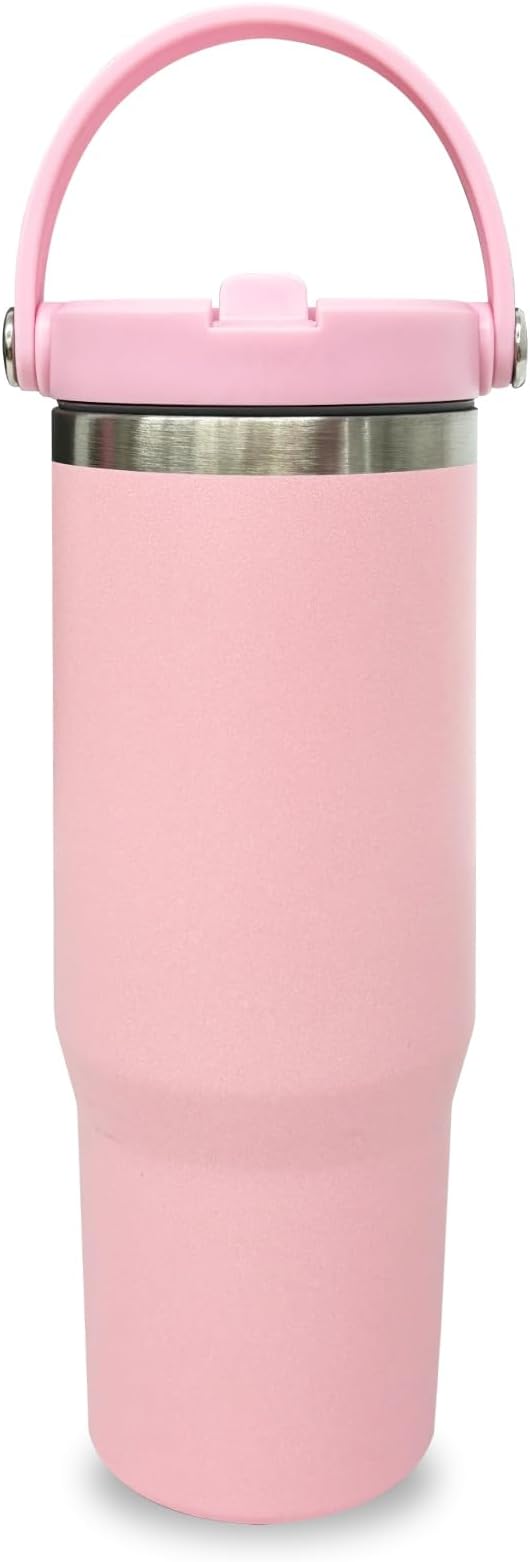 30 oz Tumbler with Top Handle, Double Wall Vacuum Insulated Tumbler with Flip Straw, Travel Coffee Mug 30oz Powder Coated Cup for Laser Engraving (Pink,1 pack)