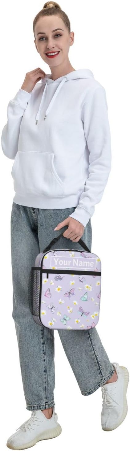 SUPLUCHOM Custom Lunch Bag With Name Butterfly Flower Personalized Insulated Box Customized Food Tote Container Side Pocket for School