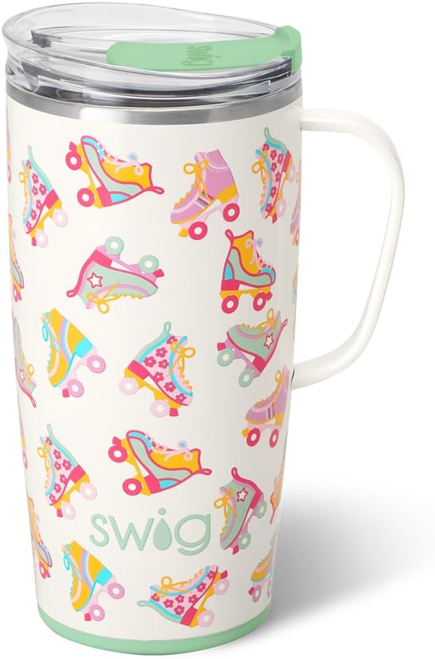 Swig Life 22oz Travel Mug, Insulated Tumbler with Handle and Lid, Cup Holder Friendly, Dishwasher Safe, Stainless Steel, Travel Coffee Cup, Insulated Mug with Lid (Roller Rink)