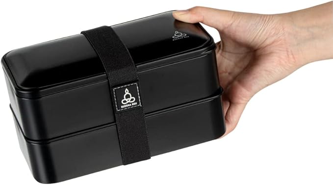 Restaurantware Bento Tek 40.5 Ounces Stackable Lunch Box 1 Reusable Adult Lunch Container - With Utensils Included Sauce Cup Black Plastic Layered Lunch Box Microwavable Dishwashable