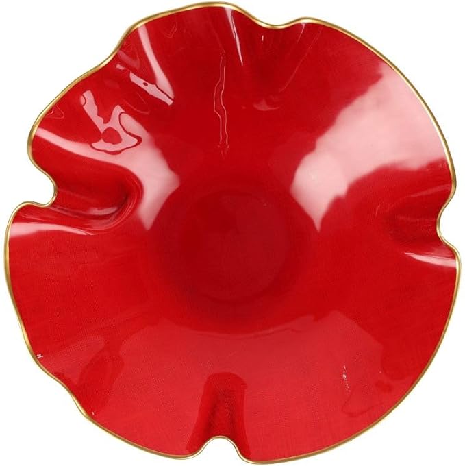 Vietri Holiday Glass Medium Ruffled Bowl, 12"D Red/Gold Decorative Christmas Serving/Mixing Dish