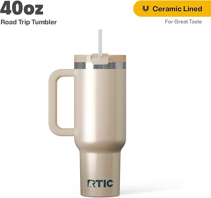 RTIC 40 oz Road Trip Tumbler Double-Walled Cermaic Lined Insulated Stainless Steel Portable Travel Coffee Mug Cup with Lid, Handle and Straw, Beach Glitter