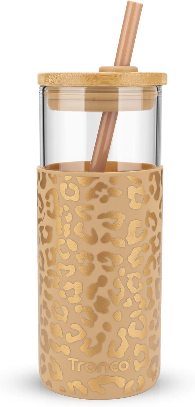 Tronco 20 oz Glass Tumbler with Lid and Straw, Iced Coffee Cup and Smoothie Cup with Bamboo Lids & Protective Silicone Sleeve, Dishwasher Safe, BPA-Free, Glass Cup 1 Pack