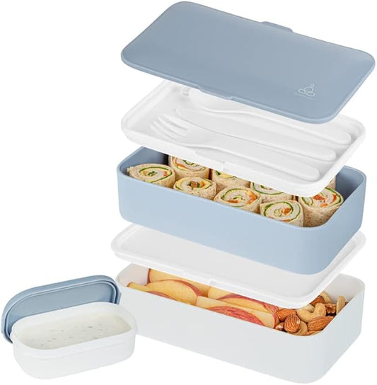 Restaurantware Bento Tek 40.5 Ounces Stackable Lunch Box 1 Reusable Adult Lunch Container - With Utensils Included Sauce Cup Blue & White Plastic Layered Lunch Box Microwavable Dishwashable