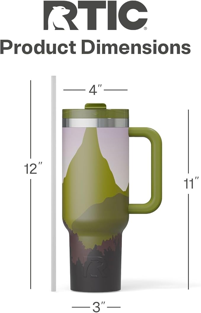 RTIC 40 oz Road Trip Tumbler Double-Walled Cermaic Lined Insulated Stainless Steel Portable Travel Coffee Mug Cup with Lid, Handle and Straw, Deep Woods