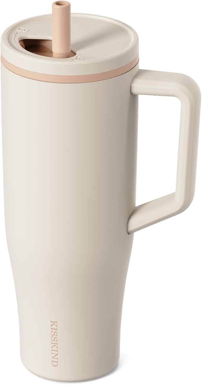 KISSKIND 40 oz Tumbler with Handle and Straw | Lumi Spin Hidden Straw 100% Leakproof Insulated Tumbler | Stainless Steel Water Bottle for Mom, Nurse, Teacher | Coffee
