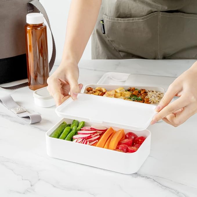 Restaurantware-Bento Tek 40.5 Ounces Stackable Lunch Meal Box, 1 Reusable Adult Lunch Container - With Utensils, Included Sauce Cup, Gray & White Plastic Layered Meal Box, Microwavable, Dishwashable