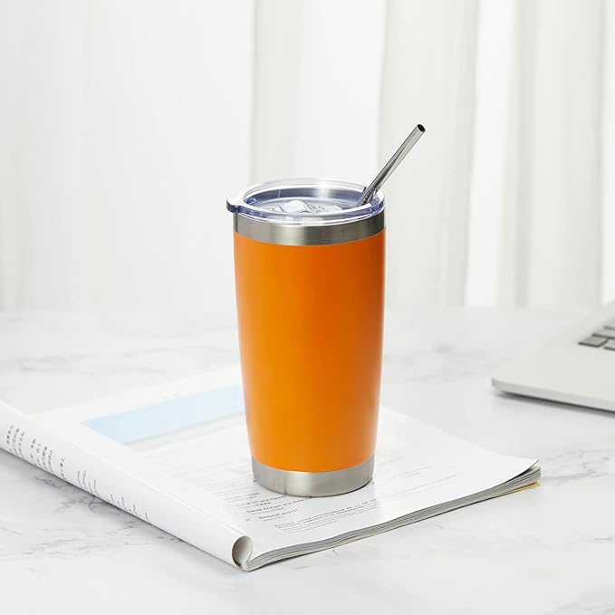 COMOOO 20oz 8 Pack Tumbler Double Wall Vacuum Insulated Coffee Travel Mug Stainless Steel Tumbler Bulk with Lid and Straw Insulated Coffee Cup for Cold & Hot Drinks (Orange, 8 Pack)