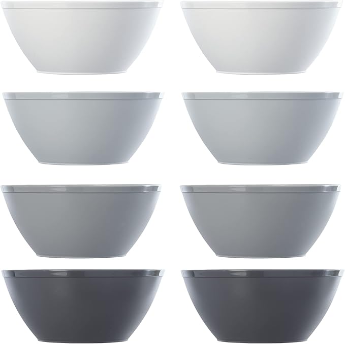 US Acrylic Unbreakable 28 oz. Plastic Stackable Cereal Bowls for Snacks & Ice Cream in Grey Colors (Set of 8) 6-inch Reusable, BPA-Free, Made in the USA, Dishwasher Safe Dinnerware