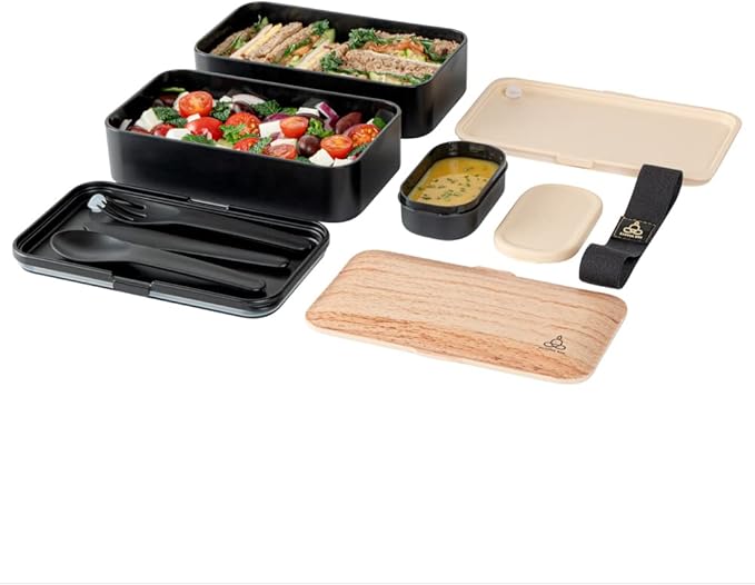 Restaurantware Bento Tek 40.5 Ounces Stackable Lunch Box 1 Reusable Adult Lunch Container - With Utensils Sauce Cup Wood Grain & Black Plastic Layered Lunch Box Microwavable Dishwashable
