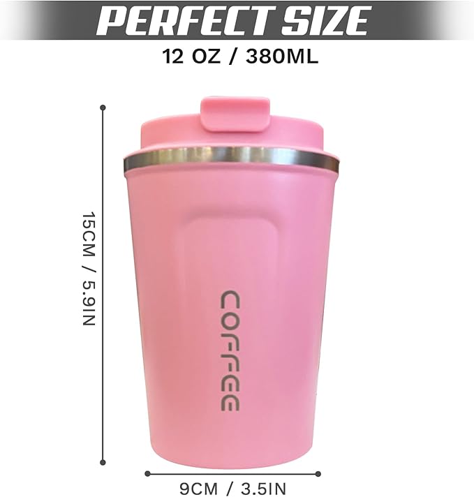 Travel coffee mugs leak-proof, reusable coffee cups with lids, stainless steel vacuum thermos coffee tumblers,thermal insulation cups for men and women hot & cold drinks(2nd-Pink, 12OZ)