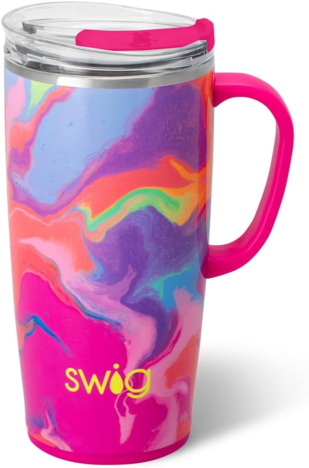 Swig Life 22oz Travel Mug, Insulated Tumbler with Handle and Lid, Travel Coffee Mug, Cup Holder Friendly, Stainless Steel 22 oz Tumbler, Reusable Insulated with Lid (Candy Crush)