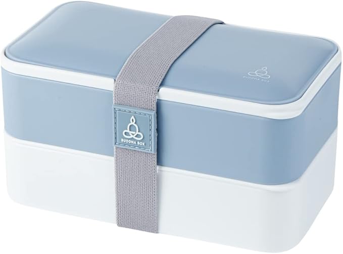 Restaurantware Bento Tek 40.5 Ounces Stackable Lunch Box 1 Reusable Adult Lunch Container - With Utensils Included Sauce Cup Blue & White Plastic Layered Lunch Box Microwavable Dishwashable