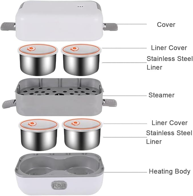 Portable Self Cooking Electric Lunch Box, Mini Rice Cooker, 2 Layers 4 Stainless Steel Steamer Food Insulation Lunch Box for Home Office Dormitory Travel Outdoor Kitchen Cook Raw Food, 2L/110V/200W