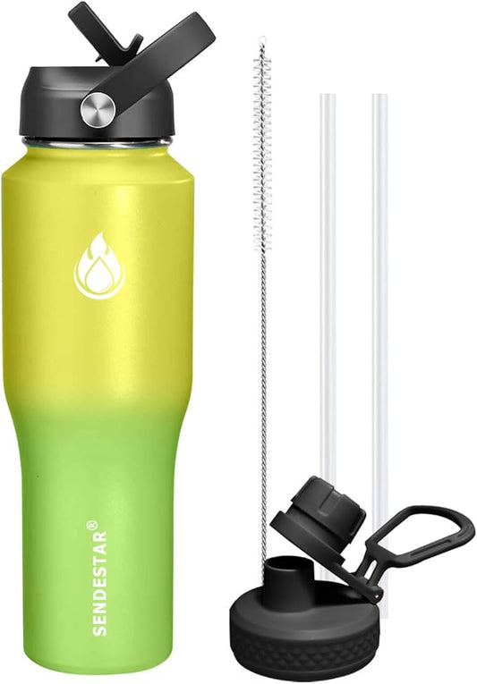 SENDESTAR 32oz Water Bottle Wide Mouth Stainless Steel Vacuum Insulated Double Wall with 2 Straw Lids Fit in Any Car Cup Holder