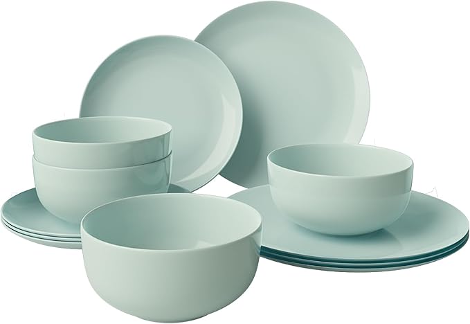 Yoshy 12-Piece Green Bone China Dinnerware with Lightweight Durable Chip Resistant Design Service for 4