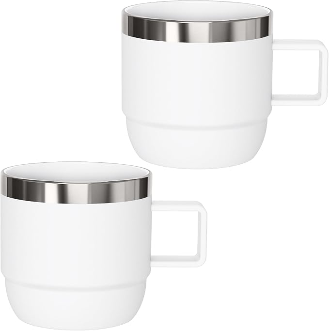 6 oz Espresso/Coffee Mug with Handle, Ceramic-Lined 18/8 Stainless Steel, Double-Wall Vacuum Insulated, Stackable, Dishwasher Safe, Fits Most Espresso Machines (White, 2 Pack)