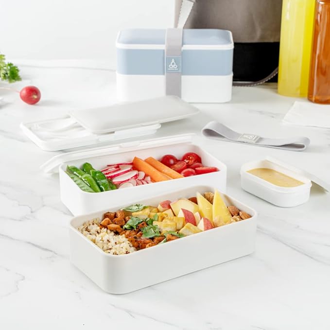 Restaurantware-Bento Tek 40.5 Ounces Stackable Lunch Meal Box, 1 Reusable Adult Lunch Container - With Utensils, Included Sauce Cup, Gray & White Plastic Layered Meal Box, Microwavable, Dishwashable