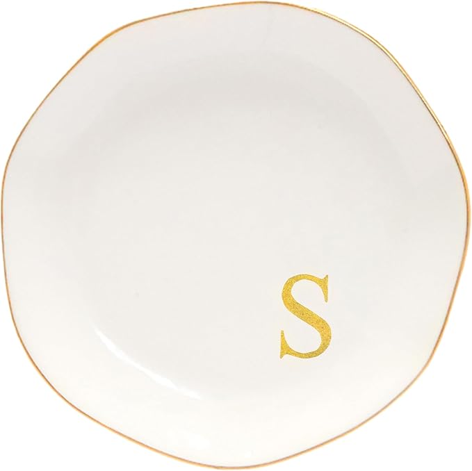 Ceramic Jewelry Tray Initial Ring Dish Personalized S-Monogrammed Engagement Wedding Gifts, for Birthday Mother's Day Christmas for Women, Ceramic White 4.75" (S)