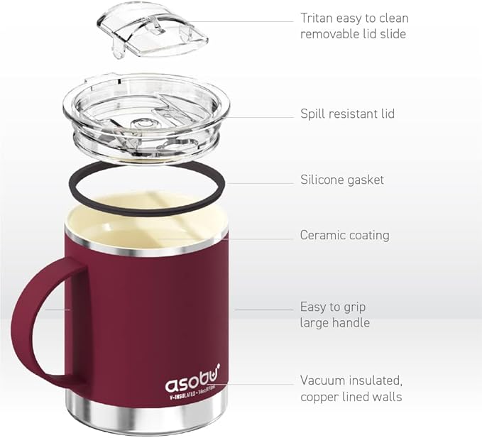 asobu Ultimate Ceramic Travel Mug, 12oz Insulated Stainless Steel Coffee Cup with Handle & Splash-Resistant Lid, Ceramic Lined for Pure Taste, BPA-Free, Double-Wall Vacuum for Hot Drinks