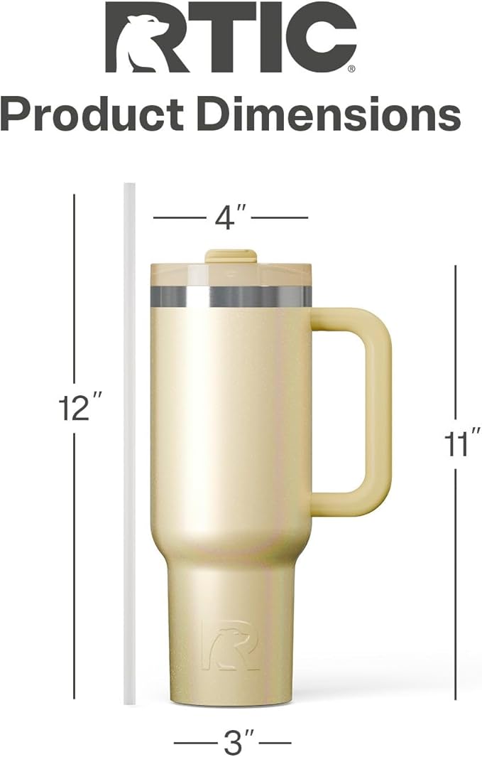 RTIC 40 oz Road Trip Tumbler Double-Walled Cermaic Lined Insulated Stainless Steel Portable Travel Coffee Mug Cup with Lid, Handle and Straw, Sunlight Glitter