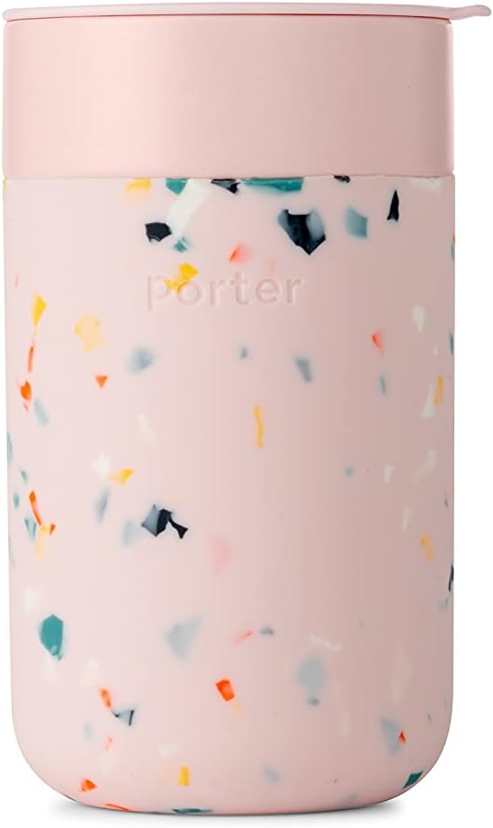W&P Porter Ceramic Mug w/Protective Silicone Sleeve, Terrazzo Blush 16 Ounces On-the-Go Reusable Cup for Coffee or Tea Portable Dishwasher Safe