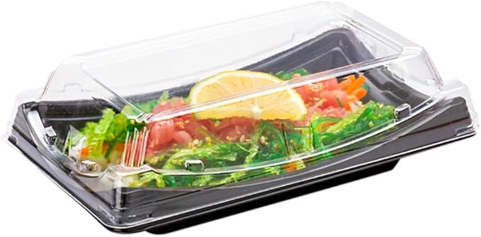Restaurantware Roku 7.5 x 4.75 Inch Sushi Trays 100 Disposable Sushi Containers With Lids - Short Take Out Containers For Appetizers Entrees or Desserts Black Plastic To Go Containers
