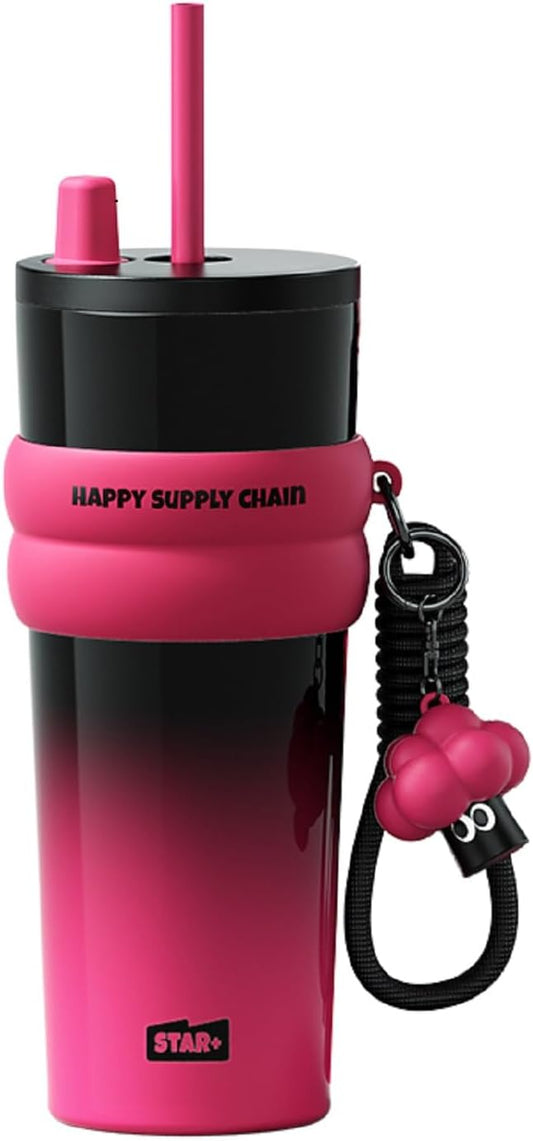 24 oz Stainless Steel Tumbler with Lid and Straw, Insulated Water Bottle Leak Proof for Hot and Cold, Portable Travel Coffee Mug, Reusable Coffee Cup for Women, Black&Pink