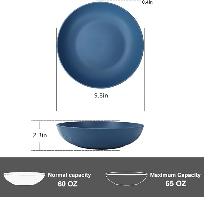 PYRMONT 10inches Large Pasta Bowls Set of 6-65oz Wheat Straw Bowl,Bowl Plates,Large Plastic Bowls Reusable for Pasta,Salad,Soup,Unbreakable & Lightweight Plates for Kitchen,Dishwasher Safe,BPA-Free