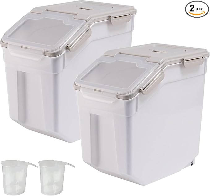 AnRui Rice Storage Container 50LB, Airtight Flour Storage Containers, Plastic Cereal Grain Dispenser Organizer Pet Food Storage Bin with Lid, Measuring Cup, Scoop, Gray, 2Pcs(Total Capacity:100LBS)
