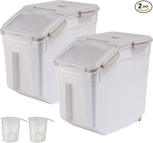 AnRui Rice Storage Container 50LB, Airtight Flour Storage Containers, Plastic Cereal Grain Dispenser Organizer Pet Food Storage Bin with Lid, Measuring Cup, Scoop, Gray, 2Pcs(Total Capacity:100LBS)