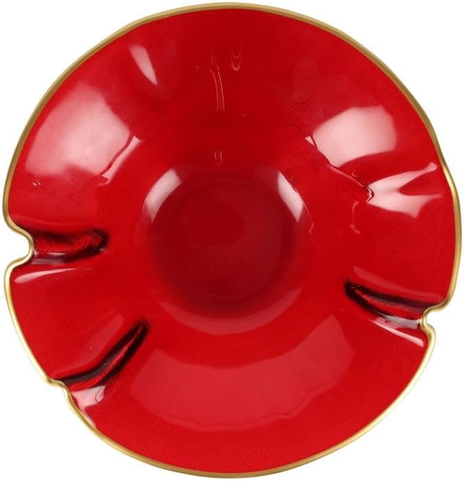 Vietri Holiday Glass Small Ruffled Bowl, 9.5"D Red/Gold Decorative Christmas Serving/Mixing Dish
