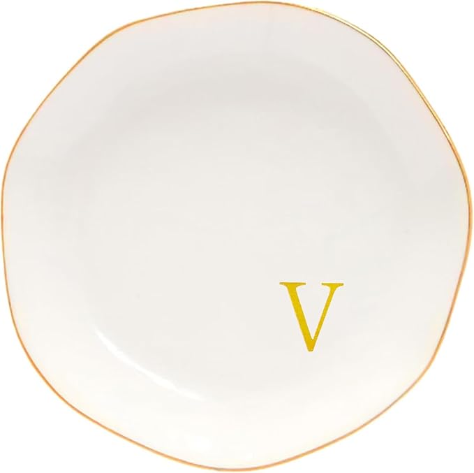 Ceramic Jewelry Tray Initial Ring Dish Personalized G-Monogrammed Engagement Wedding Gifts, for Birthday Mother's Day Christmas for Women, Ceramic White 4.75" (V)