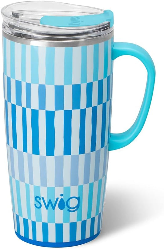 Swig Life 22oz Travel Mug, Insulated Tumbler with Handle and Lid, Travel Coffee Mug, Cup Holder Friendly, Stainless Steel 22 oz Tumbler, Reusable Insulated with Lid (Glacier Stripe)