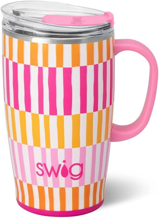 Swig Life 18oz Travel Mug, Insulated Tumbler with Handle and Lid, Travel Coffee Mug, Cup Holder Friendly, Stainless Steel 18 oz Tumbler, Reusable Insulated with Lid (Sherbet Stripe)