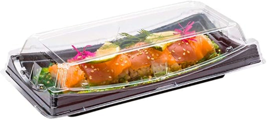 Restaurantware Roku 9.75 x 4.75 Inch Sushi Trays 100 Disposable Sushi Containers With Lids - Long Take Out Containers For Appetizers Entrees or Desserts Black Plastic To Go Containers