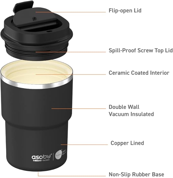 asobu Travel Mug Ceramic Coated Stainless Steel Insulated with Leak and Spill Proof Lid – Fits Standard Cup Holders 12 oz Tumbler (Black)
