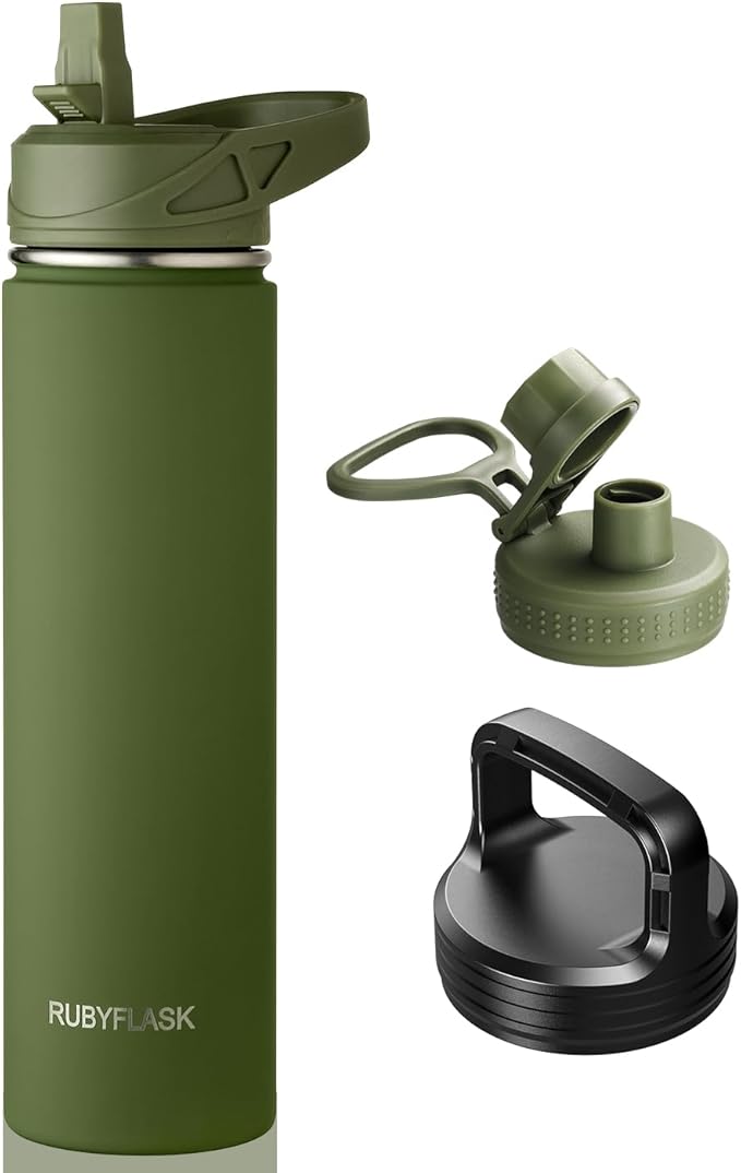 24oz Insulated Water Bottle with Straw, Stainless Steel Metal Vacuum Water Flask, Large Thermal Water bottle with Leakproof 3 Lids for Travel, Camping, Gym Sports Armygreen