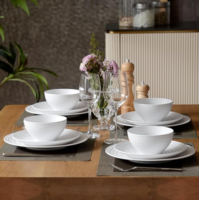 White Melamine Dinnerware Sets,12PCs Anti-scratch Dishes Set, Lightweight and Non breakable Dinnerware,Suit for Indoor and Outdoor Use, Dishwasher Safe,BPA free (Classic White)
