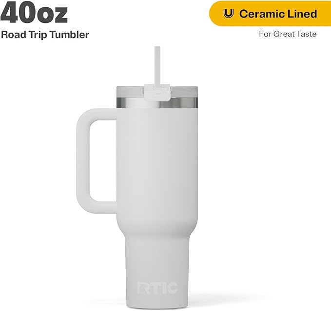RTIC 40 oz Road Trip Tumbler Double-Walled Cermaic Lined Insulated Stainless Steel Portable Travel Coffee Mug Cup with Lid, Handle and Straw, Cool Grey