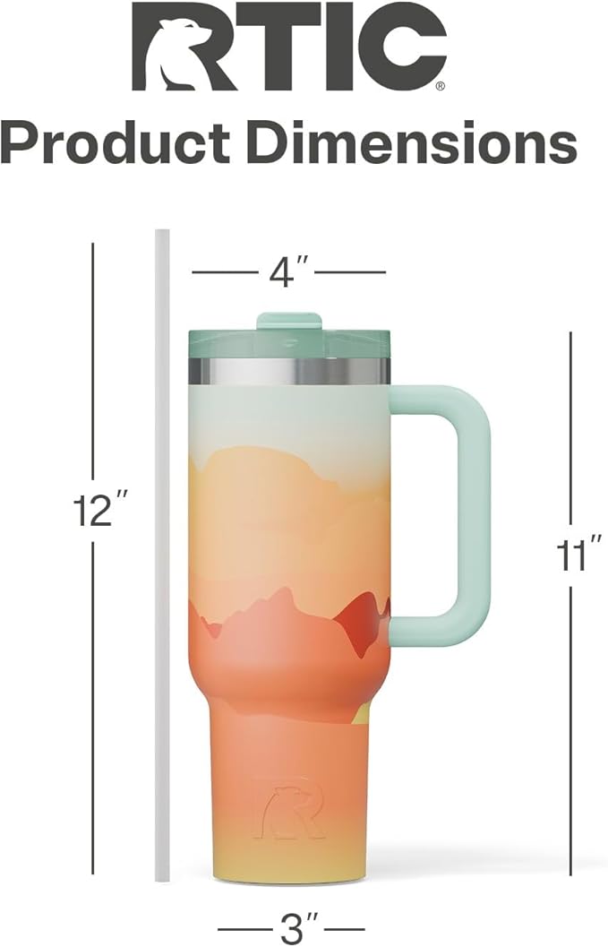 RTIC 40 oz Road Trip Tumbler Double-Walled Cermaic Lined Insulated Stainless Steel Portable Travel Coffee Mug Cup with Lid, Handle and Straw, Desert Sunset
