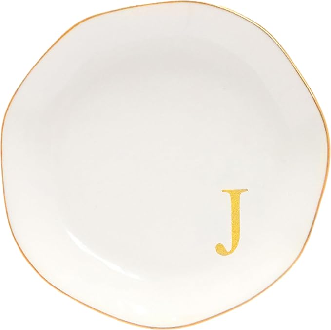 Ceramic Jewelry Tray Initial Ring Dish Personalized J-Monogrammed Engagement Wedding Gifts, for Birthday Mother's Day Christmas for Women, Ceramic White 4.75" (J)