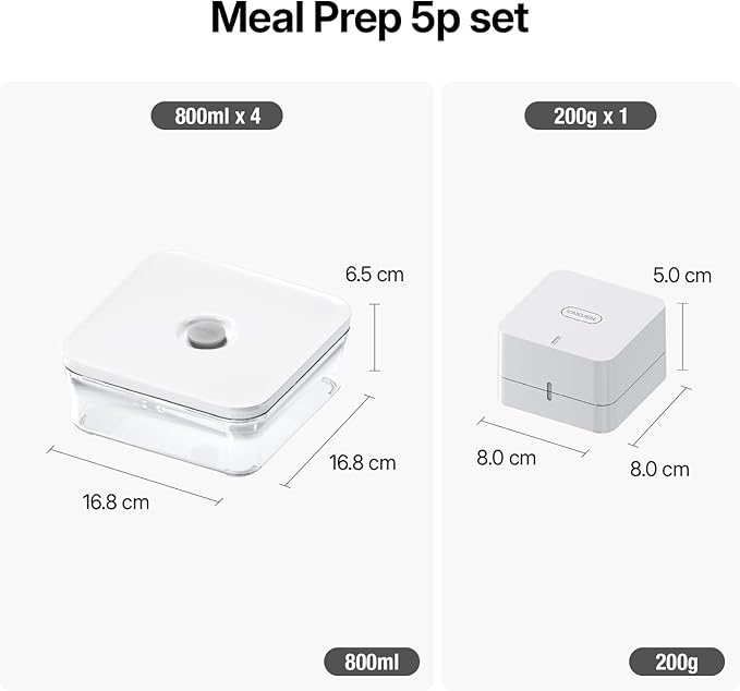 VAKUEN Premium Airtight Food Storage Container. Meal Prep 0.85qt 5pc/Set. 4pcs Container and Vacuum Sealer. Patented Double Silicone Lining, 100% Leak Proof, BPA-FREE